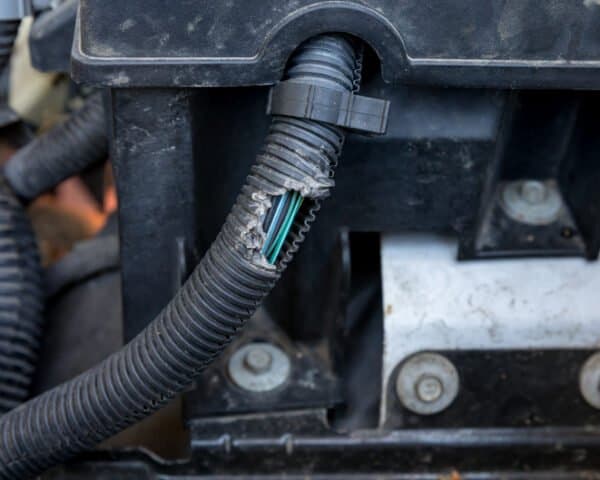 Close up of a car engine hose that has been damaged by rodents.