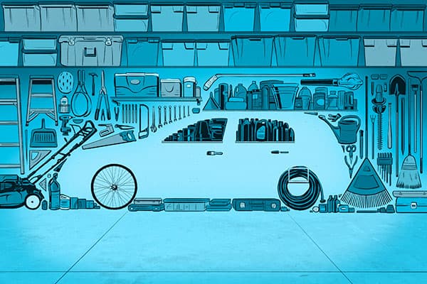 Illustrated garage with car cutout.