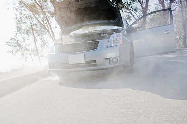 Car overheating on the side of the road with the hood up and the front doors open.
