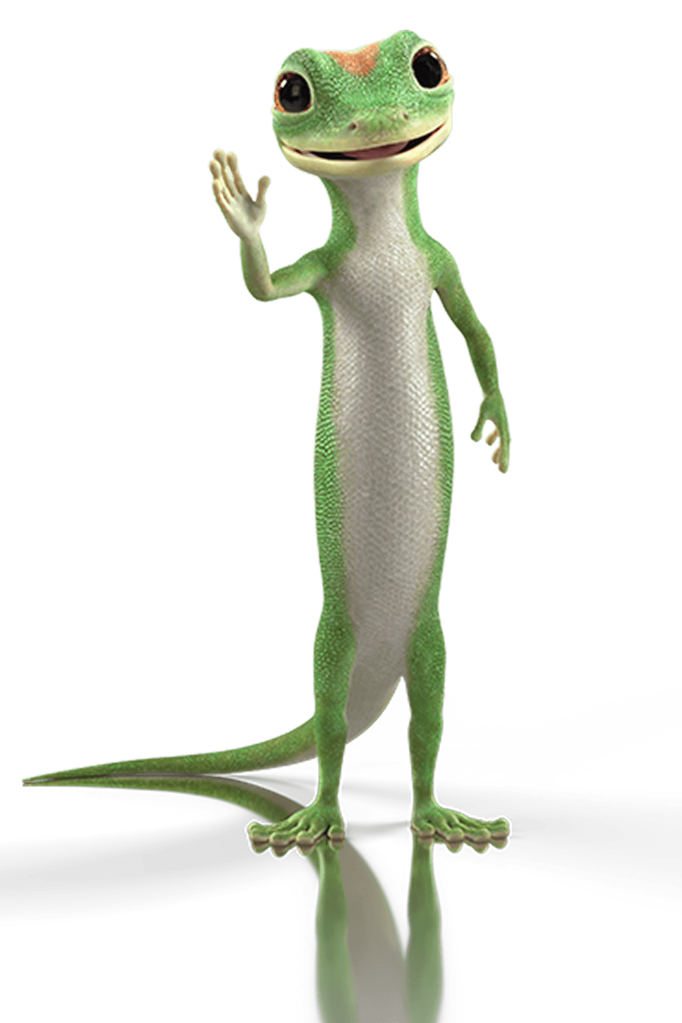 GEICO gecko mascot standing and waving