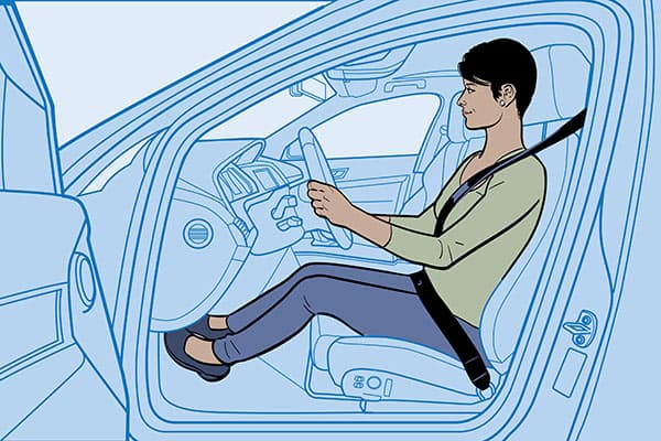 Illustration of the proper way to sit in a car when driving.