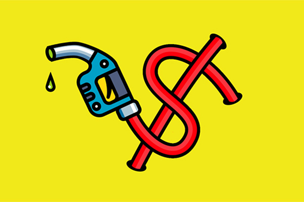 Cartoon gas pump and hose in the shape of a dollar sign