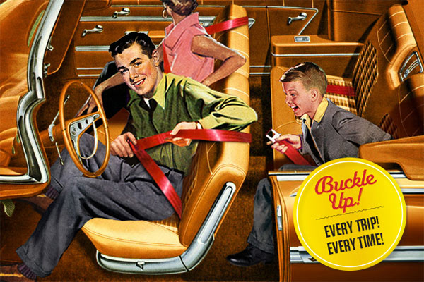 Illustration of family buckling seatbelts