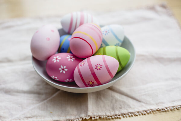 Decorated easter eggs in a bowl