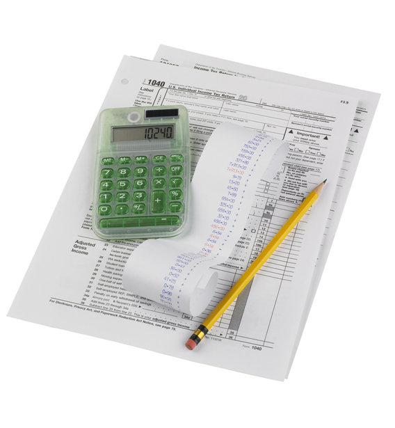 "Still life of tax forms, pencil, calculator"