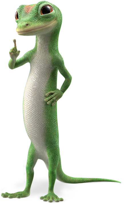 Friendly GEICO gecko standing and smiling representing GEICO's auto insurance coverage