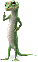 Friendly GEICO gecko standing and smiling representing GEICO's auto insurance coverage