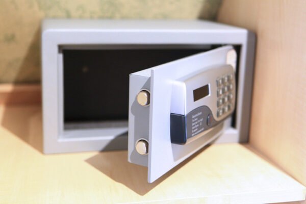 Small home safe with the door open.
