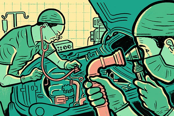 Cartoon illustration of doctors giving a car engine a check-up.