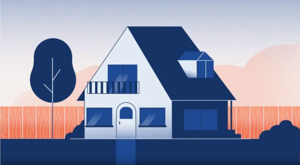 Cartoon cutout image of a house with a privacy fence around the yard.