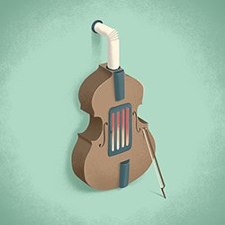 Depiction of a cello with a furnace inside and a stove pipe coming out of the top of the instrument.