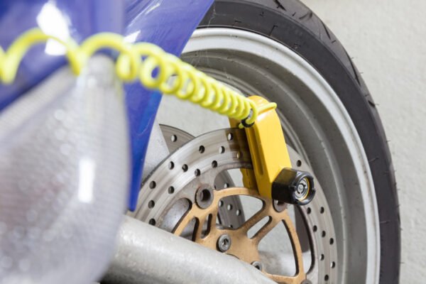 Theft prevention device on a motorcycle.