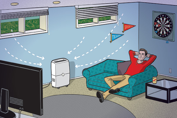 Cartoon depiction of a man relaxing in his living room, enjoying the air flow.