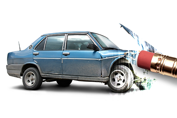 Illustration of a vehicle that has front end damage with a pencil erasing the front end.