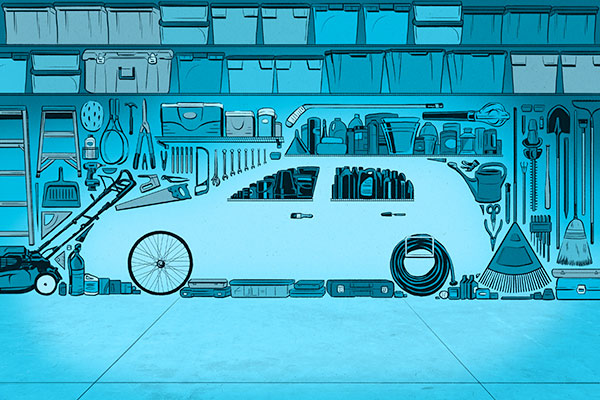 Illustrated garage with car cutout.