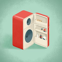 A retro refrigerator with the door opened to reveal a speaker inside.