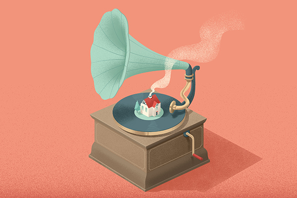 Cartoon drawing of antique record player with a miniature house sitting in the middle of the album.