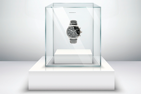 Watch displayed inside a jewelry case.