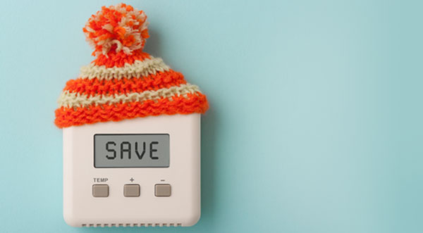 Thermostat displaying the word, 'SAVE' and wearing a knit winter hat.