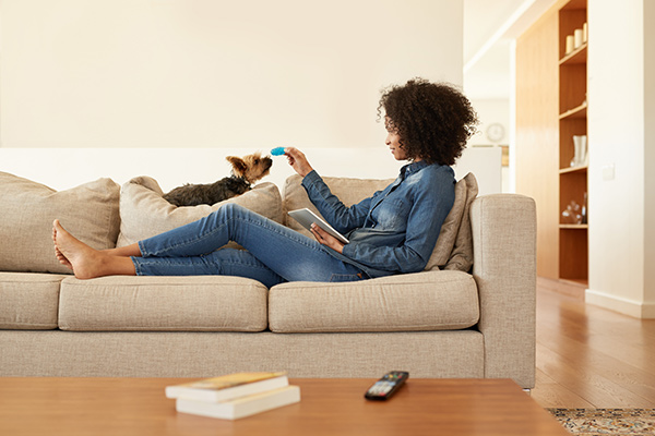 Woman relaxing on her couch while playing with her small dog.