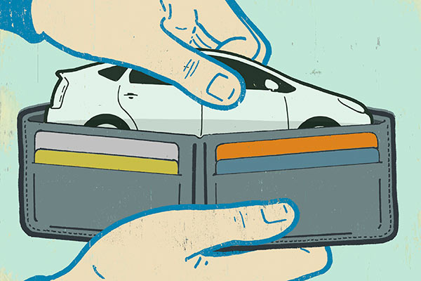 Cartoon image of a person holding an open wallet and pulling a vehicle out of it.