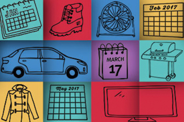 Cartoon styled collage of calendars, dates and household items and appliances.