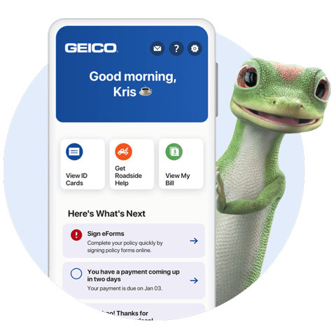 GEICO gecko holding a mobile phone