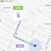 Fuel Finder map on GEICO Mobile App displaying the route and distance to save money on gas