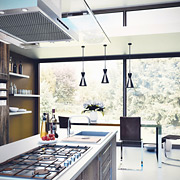 kitchen with window and hanging lamps