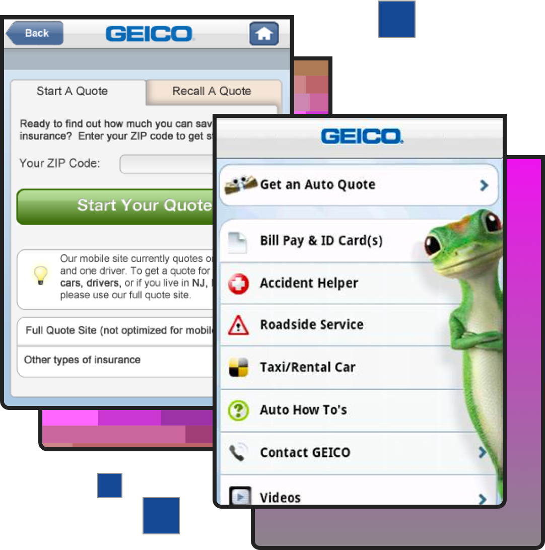 Screenshots of GEICO's mobile device website in 2010