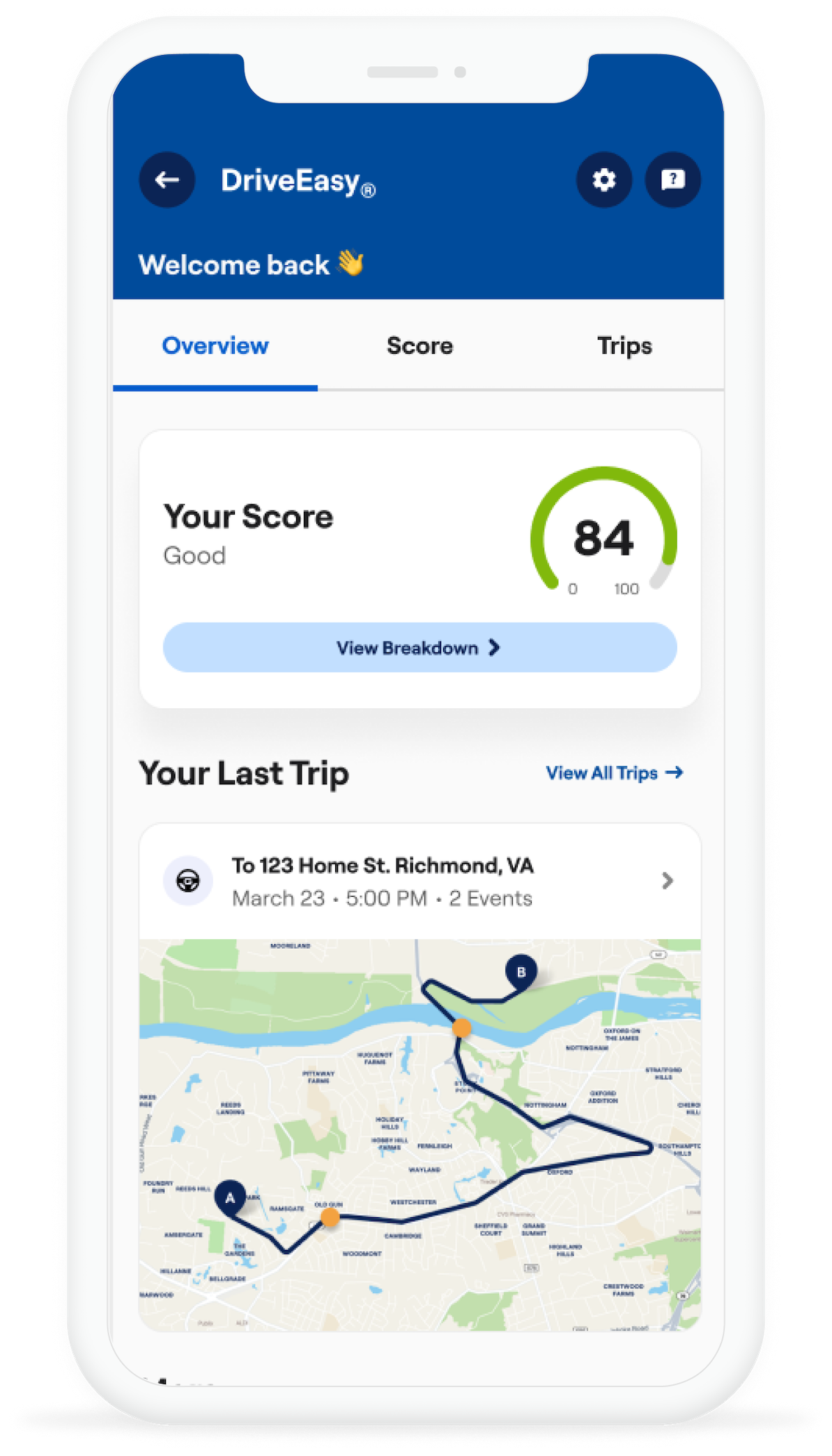 DriveEasy overview — tap Score tab
