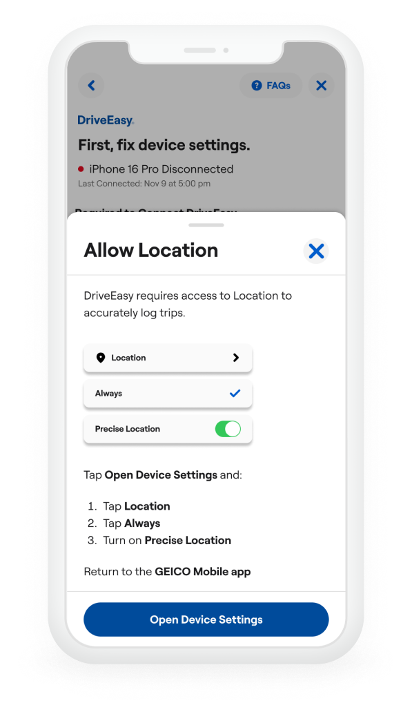 Phone settings instructions to enable the selected DriveEasy setting