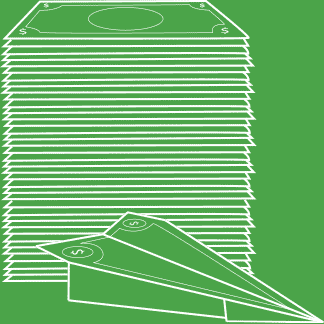 stack of money and a paper airplane